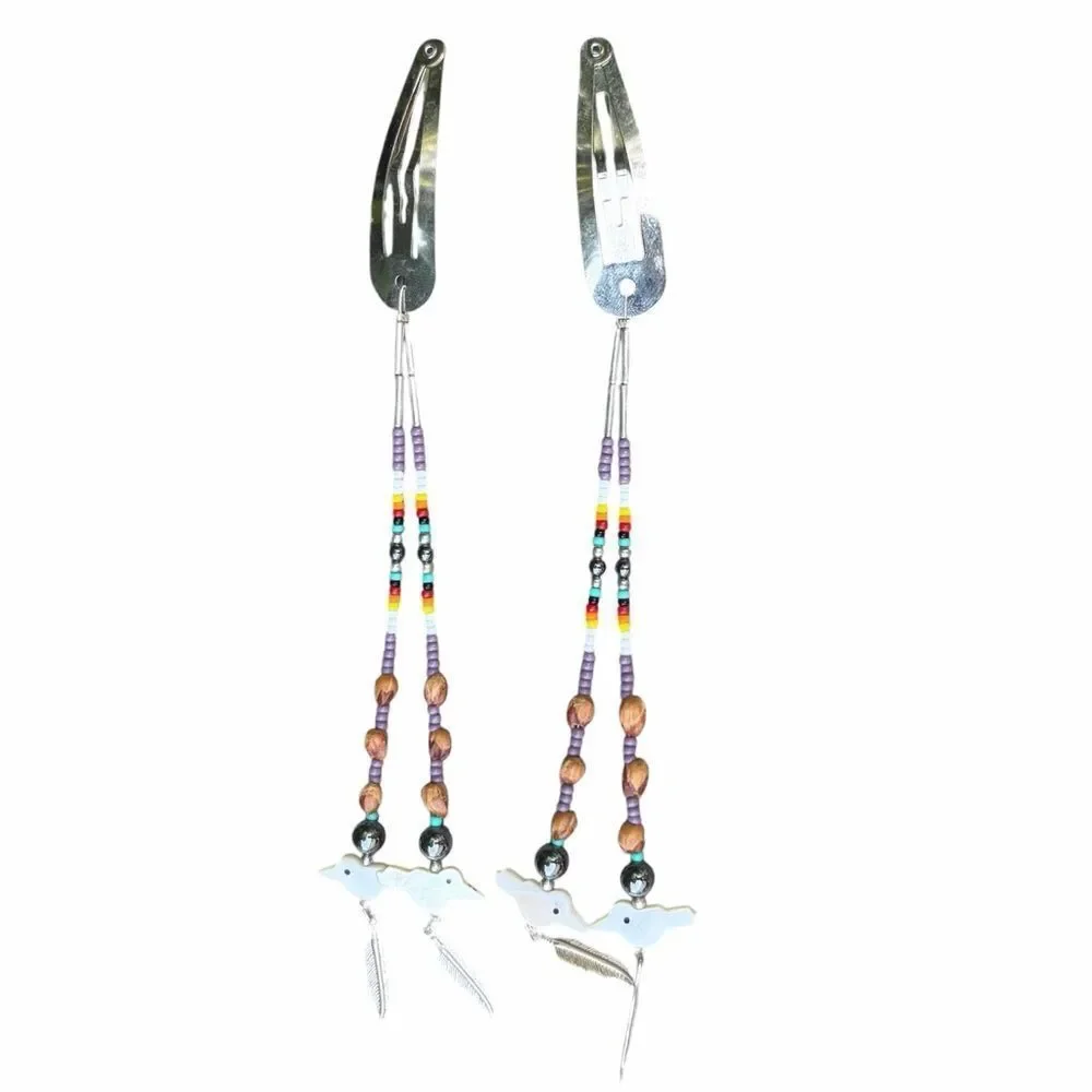 Two Native American Beaded Bird Dangle Snap Barrettes Hair New Mexico Western